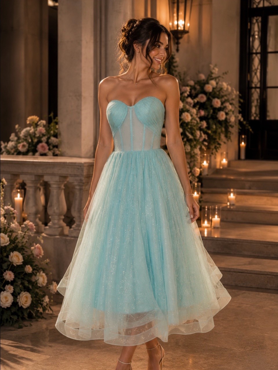 Terani Couture Strapless Light Blue Tulle Midi Dress